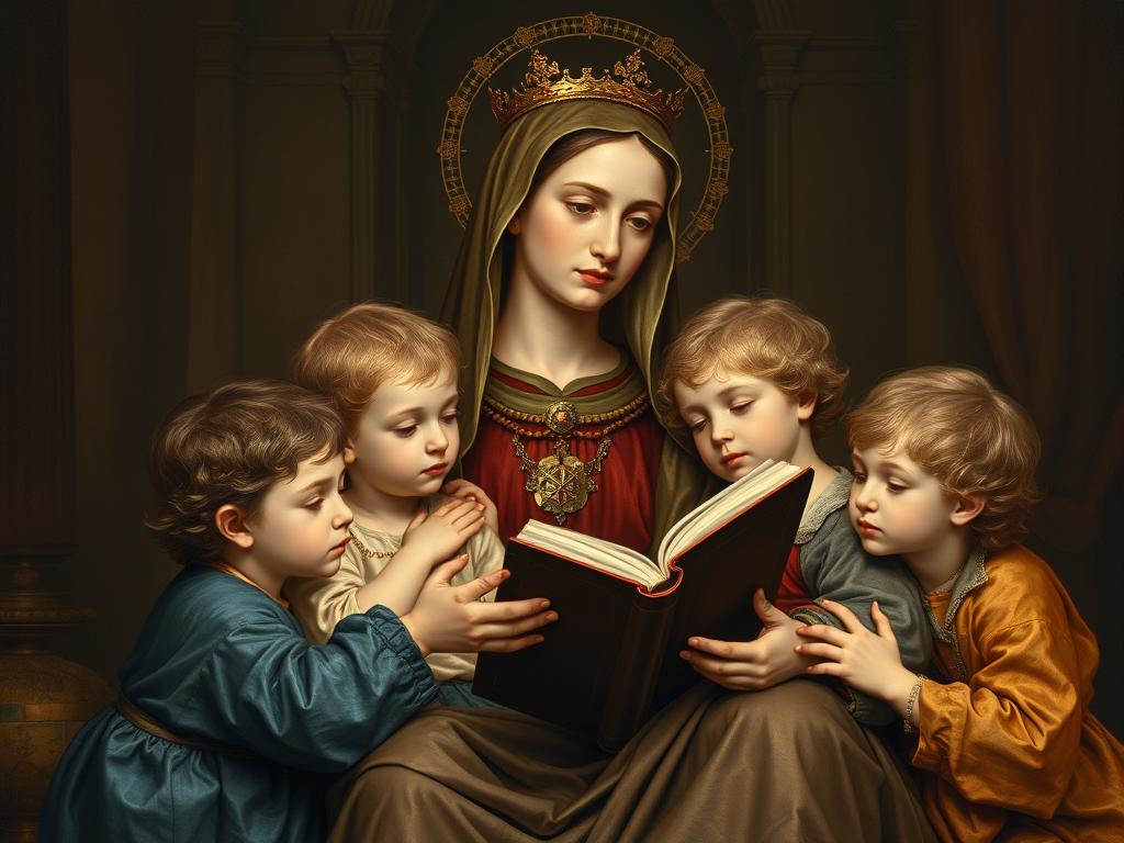 Artystyczne wyobrażenie Świętej Mai jako opiekunki dzieci w stylu zachodnim