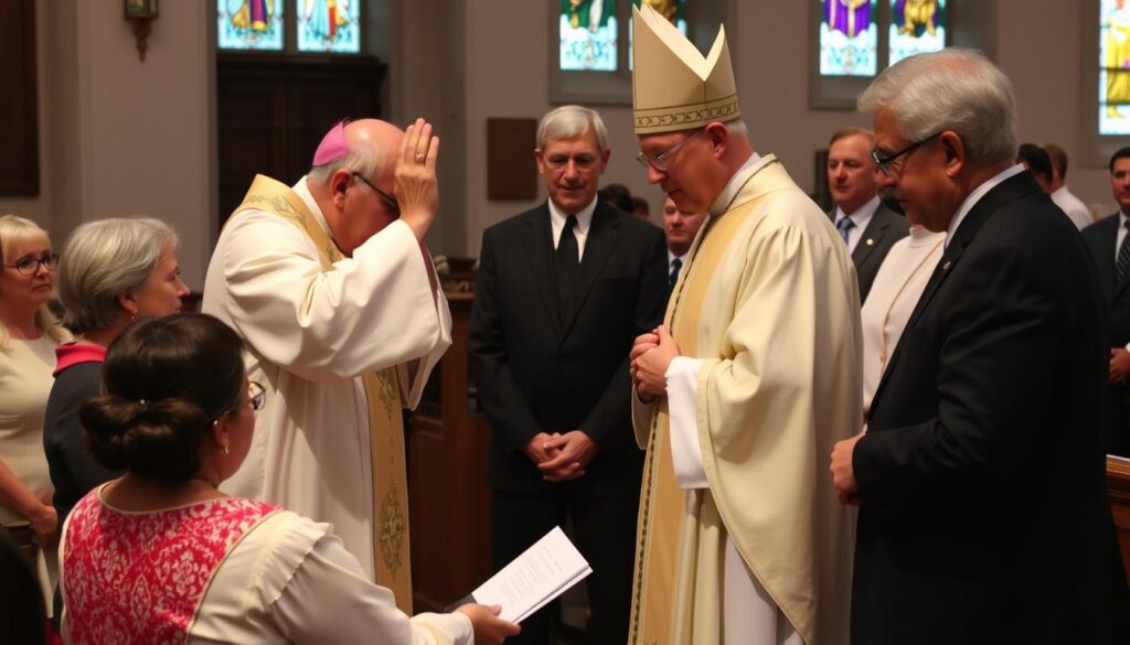 Ceremonia bierzmowania z biskupem udzielającym sakramentu młodej osobie