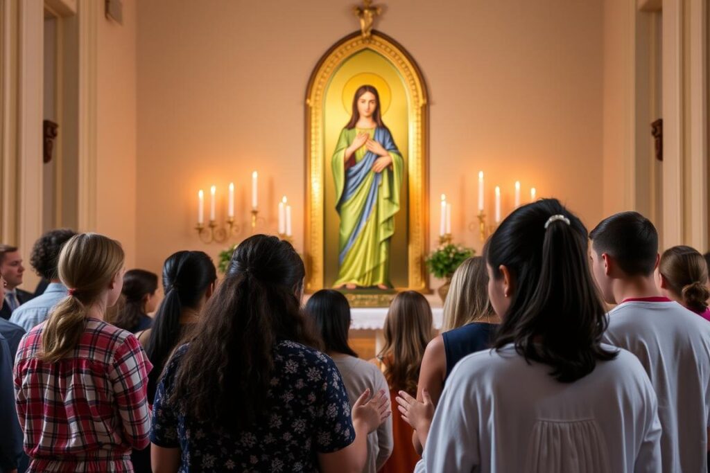 Grupa młodzieży modląca się przed wizerunkiem świętej Gabrieli podczas uroczystości bierzmowania