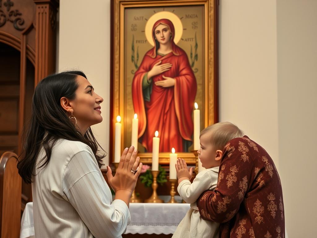 Matka z dzieckiem modląca się przed wizerunkiem Świętej Mai