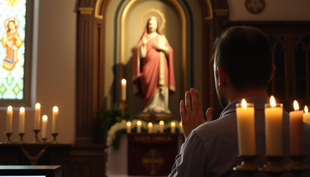 Osoba modląca się przed wizerunkiem świętej Gabrieli w kościele