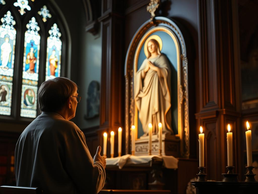 Osoba modląca się przed wizerunkiem świętej Wiktorii