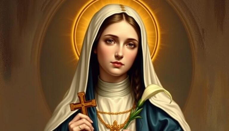 Święta Gabriela w habicie zakonnym, przedstawiona z atrybutami swojej świętości - krzyżem i lilią