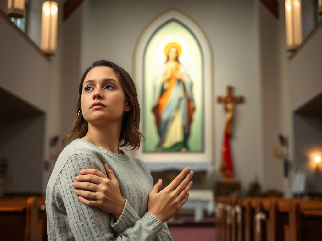 Współczesna młoda kobieta modląca się przy wizerunku świętej Patrycji