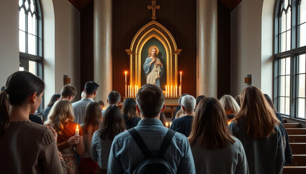 Współcześni wierni modlący się za wstawiennictwem świętego Adolfa